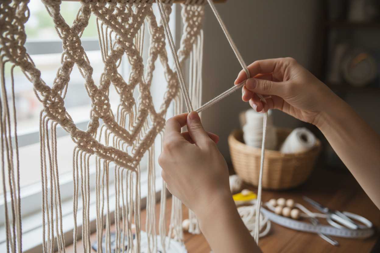 a hand working with macarme